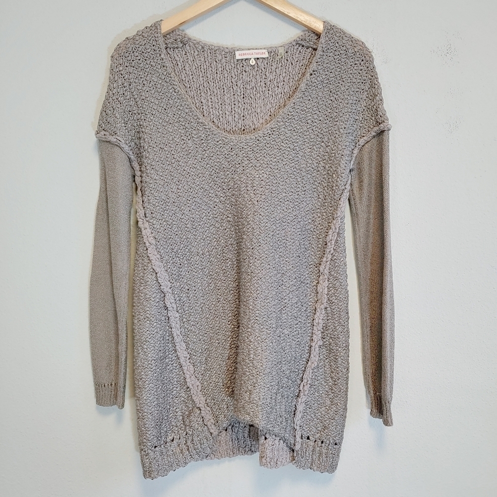 Rebecca Taylor Taupe Gold Metallic Mixed Fabric Sweater Sz S